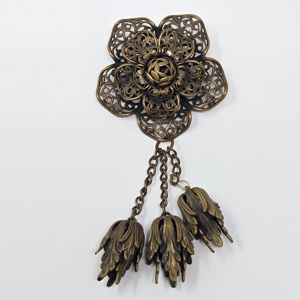 Vintage Style Metal Spec NY Filigree Flower Brooch Brass Tone Dangle Charms 4in
